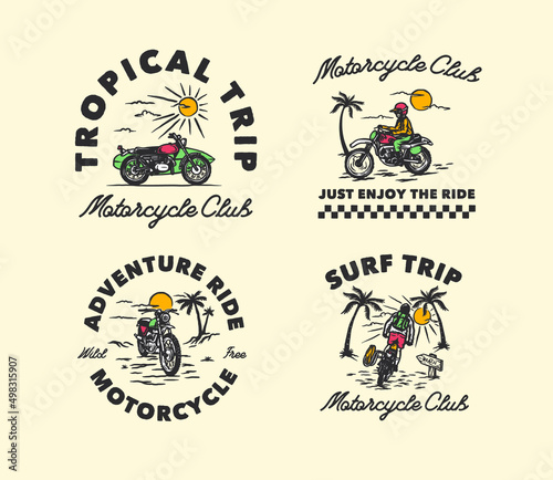 Set Vector Hand Drawn Vintage Motorcycle Surfing Club Logo Label Badge