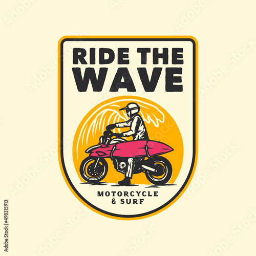 Hand Drawn Vintage Motorcycle Surfing Club Logo Label Badge