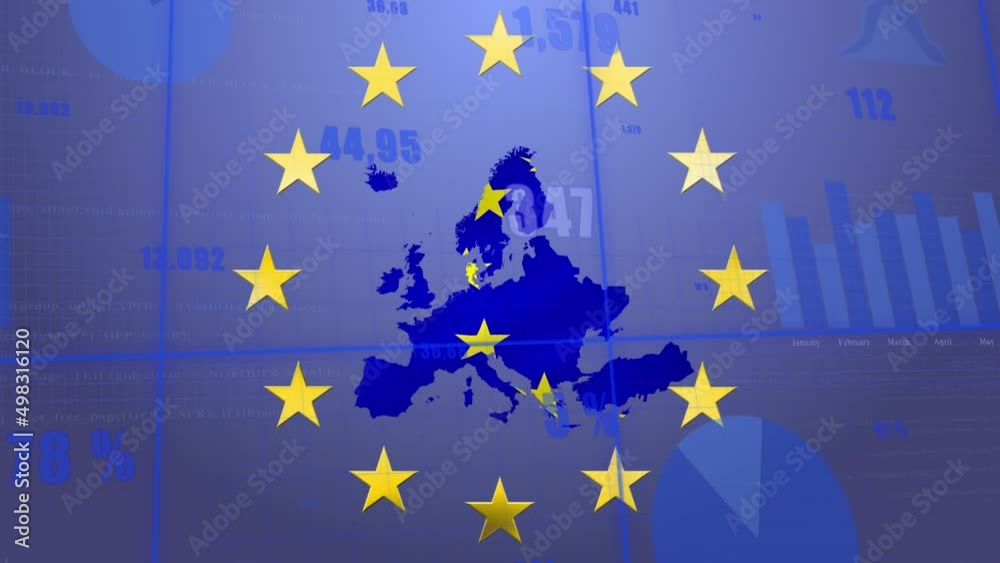 Animation of europe and eu flag over data processing Animation of europe and eu flag over data processing
