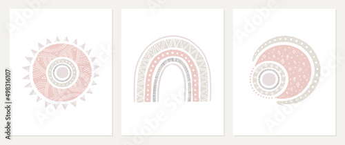 Boho Rainbow, sun and moon. Set of baby Scandinavian wall art, nursery modern decoration, poster design. Trendy contemporary art compositions for postcard or brochure cover design