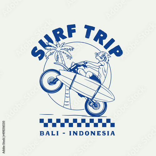 Hand Drawn Vintage Motorcycle Surfing Club Logo Label Badge