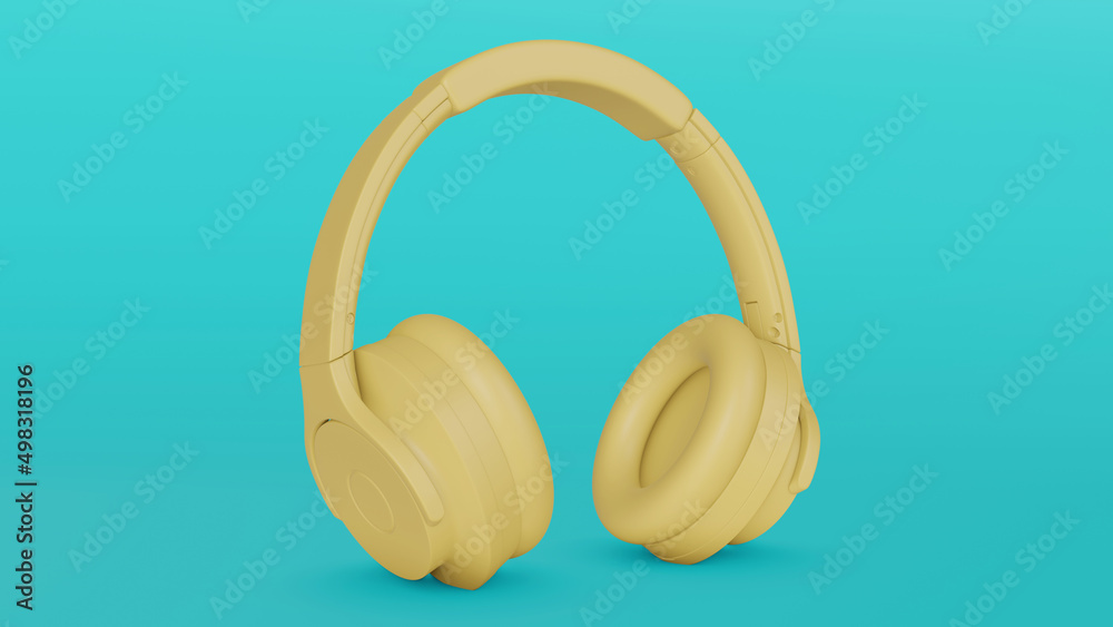 Headphones image in minimal monochromatic style. Yellow and blue. Music earphones rhytm and 3d style. 3d rendering Headphones image in minimal monochromatic style. Yellow and blue. Music earphones rhytm and 3d style. 3d rendering
