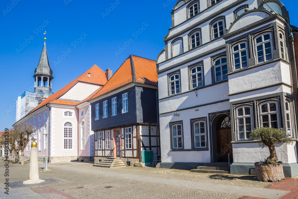 Historic buildings on the central market square of Gifhorn, Germany