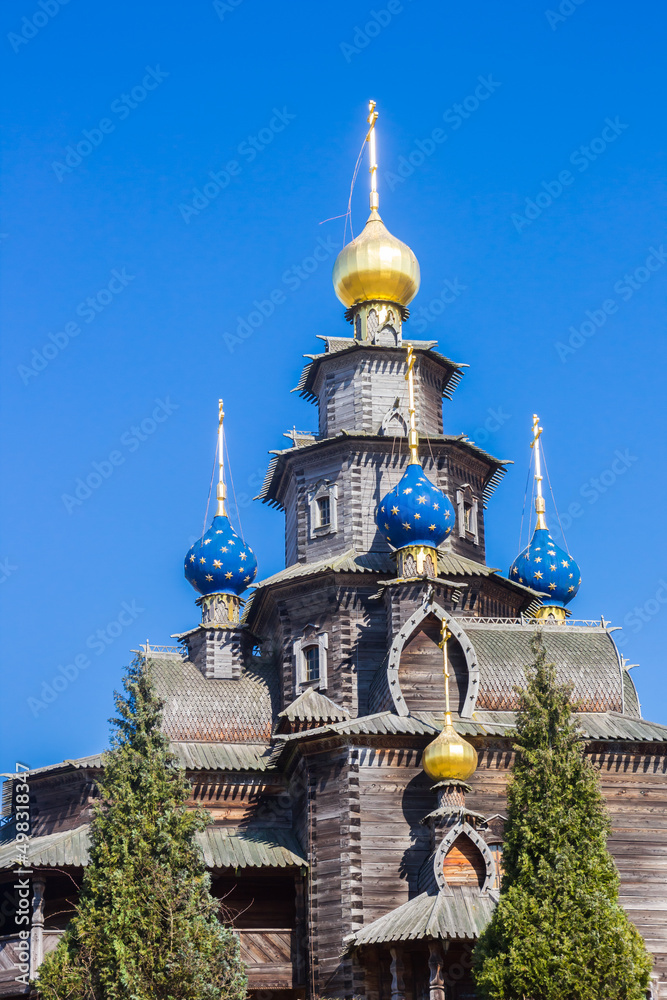 Blue and golden onion domes on the russian church of Gifhorn, Germany