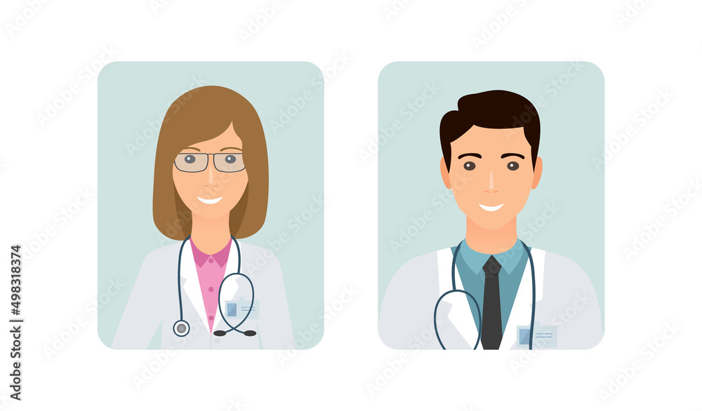 Avatars male and female doctors. Medic icon. Faces man and woman medical specialist with stethoscope. Flat design. Vector illustration. Avatars male and female doctors. Medic icon. Faces man and woman medical specialist with stethoscope. Flat design. Vector illustration.