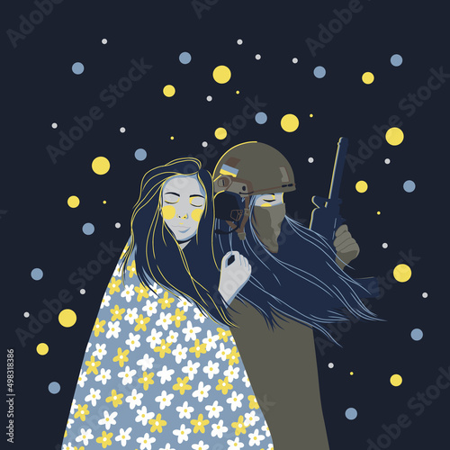 Vector illustration of Ukrainian woman warrior with weapon and civil girl in flowered cover supporting each other in getting victory. Support Ukraine, stand up for Ukraine