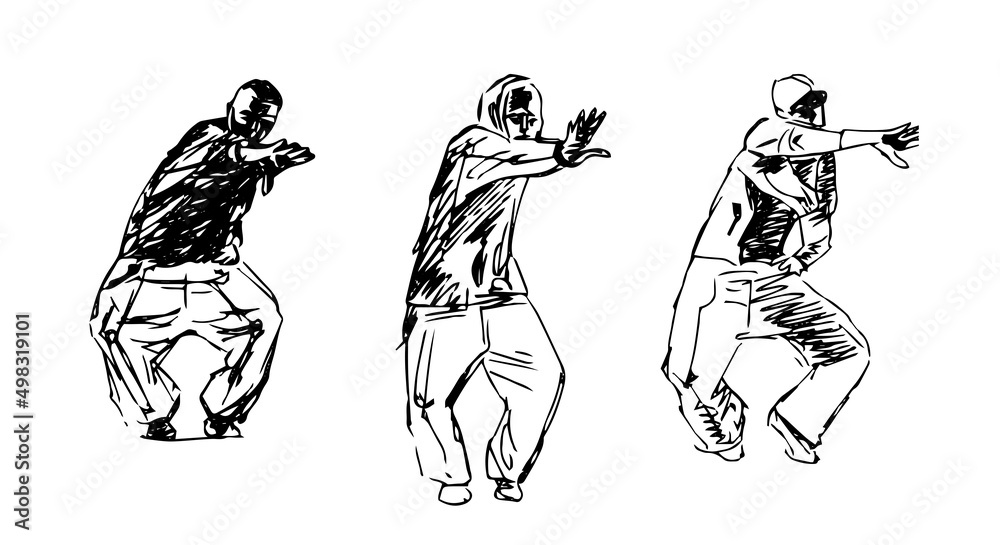 Sketch drawing guys dancing modern dance hip hop disco. Vector illustration. Graphic arts