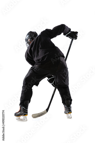 Photography Back view full-length portrait of professional hockey player in motion, training