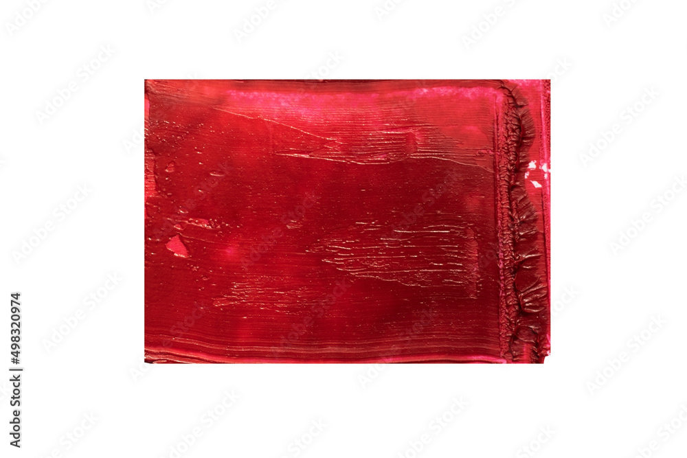 Rectangular red smear of glossy lipstick,isolated on white background.