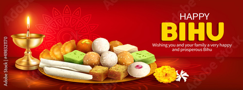Greeting banner with traditional sweets: ladoo, gujiya, barfi.and pitha (naricol, koat, ghila, til) for North Indian Assamese New Year (and harvest) festival Rongali Bihu. Vector illustration. photo
