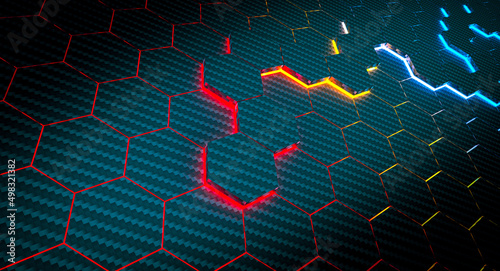 abstract modern background carbon fiber hexagons with colorful lights.