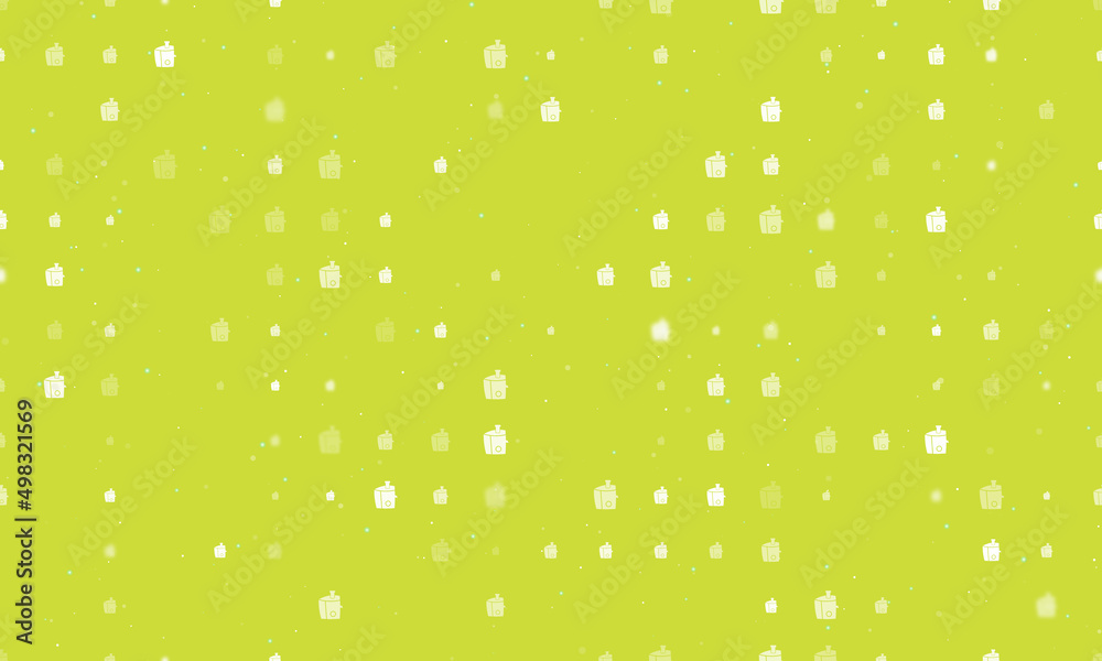 Seamless background pattern of evenly spaced white juicer symbols of different sizes and opacity. Vector illustration on lime background with stars