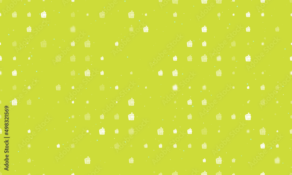 Seamless background pattern of evenly spaced white juicer symbols of different sizes and opacity. Vector illustration on lime background with stars Seamless background pattern of evenly spaced white juicer symbols of different sizes and opacity. Vector illustration on lime background with stars
