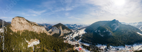 Aerial drone panoramic view of the spring Carpathians, Romania