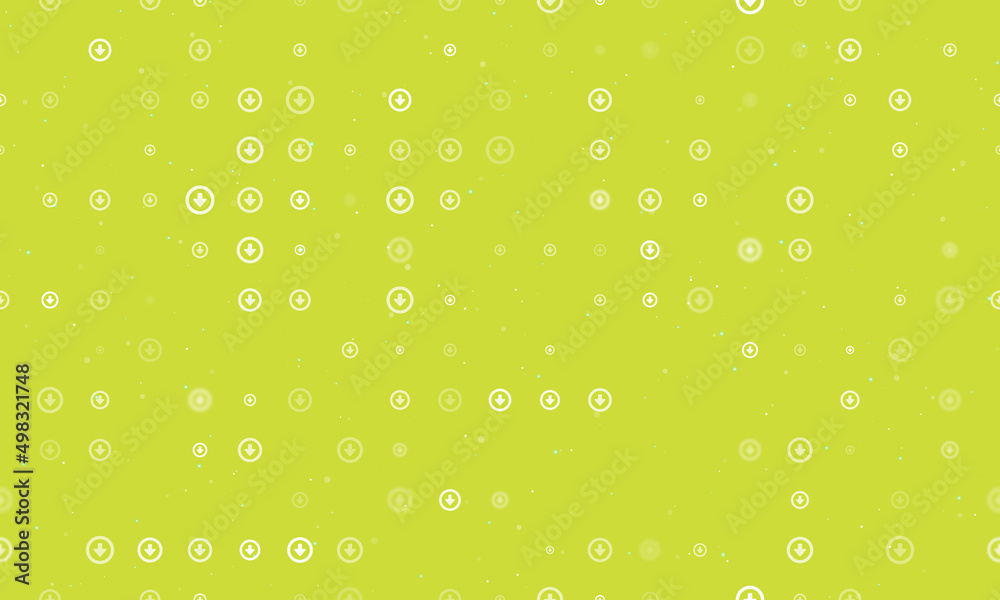 Seamless background pattern of evenly spaced white download symbols of different sizes and opacity. Vector illustration on lime background with stars
