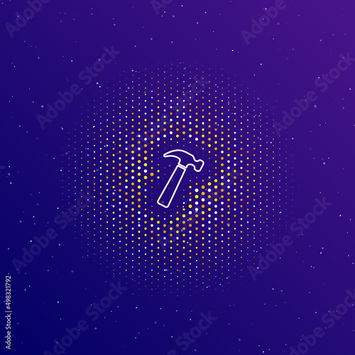 A large white contour hammer symbol in the center, surrounded by small dots. Dots of different colors in the shape of a ball. Vector illustration on dark blue gradient background with stars