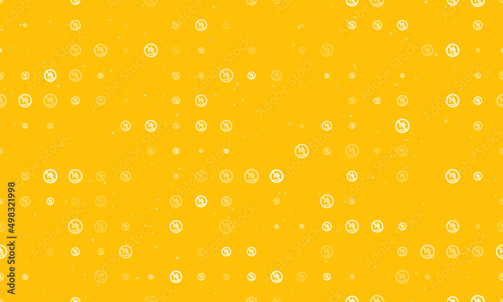 Seamless background pattern of evenly spaced white no gas symbols of different sizes and opacity. Vector illustration on amber background with stars