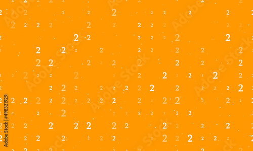 Seamless background pattern of evenly spaced white number two symbols of different sizes and opacity. Vector illustration on orange background with stars