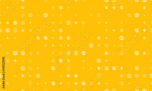 Seamless background pattern of evenly spaced white no gas symbols of different sizes and opacity. Vector illustration on amber background with stars