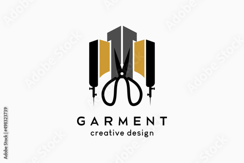 Garment logo design, scissors silhouette combined with building icon in a creative concept