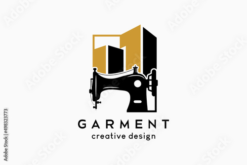 Garment logo design, sewing machine silhouette combined with building icon in a creative concept