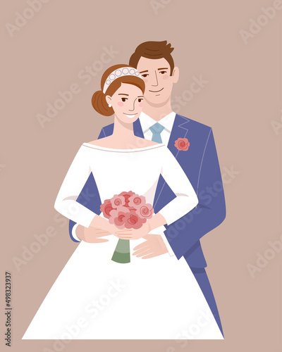 Bride and groom with a bouquet in their hands. Beautiful wedding couple. Smiling newlyweds together in wedding suits. Concept of love and happiness. Vector flat illustration.