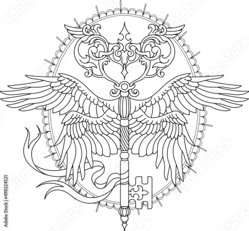 Skeleton key with wings. Mystical symbol of freedom. Isolated outline for coloring page