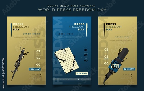 Set of social media post template with notepad, pen, and microphone for press freedom day