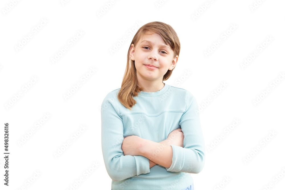 Glad little girl looking at camera and smiling. studio shot over white background Glad little girl looking at camera and smiling. studio shot over white background