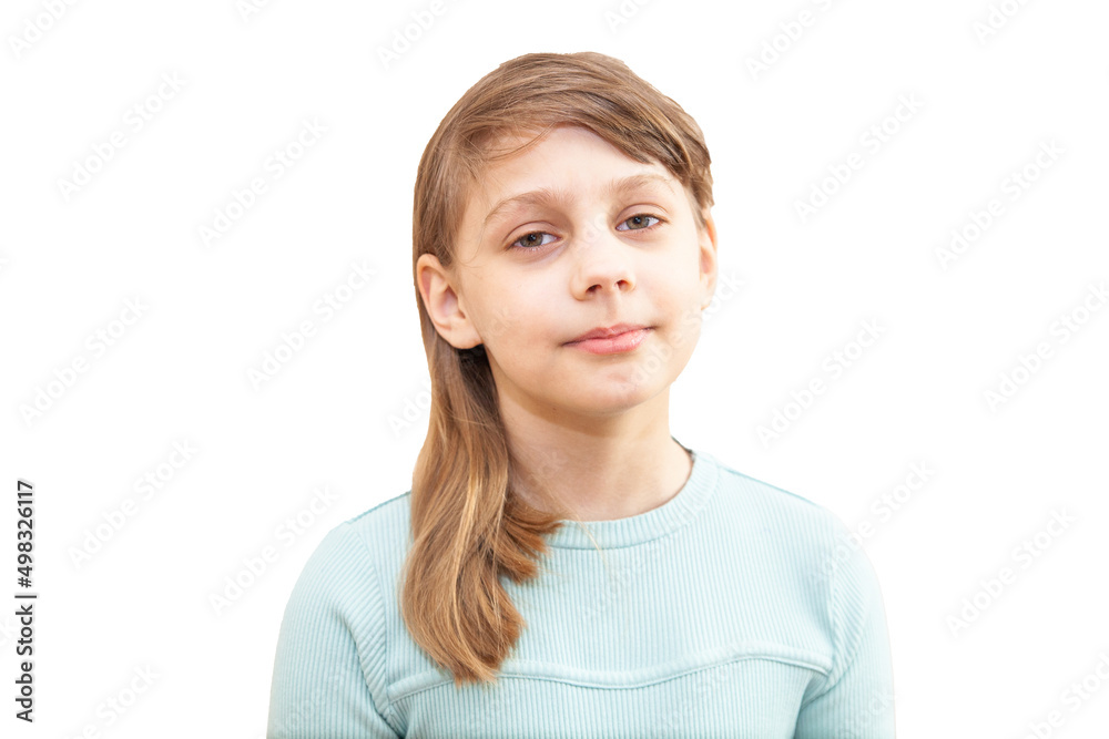 Glad little girl looking at camera and smiling. studio shot over white background Glad little girl looking at camera and smiling. studio shot over white background
