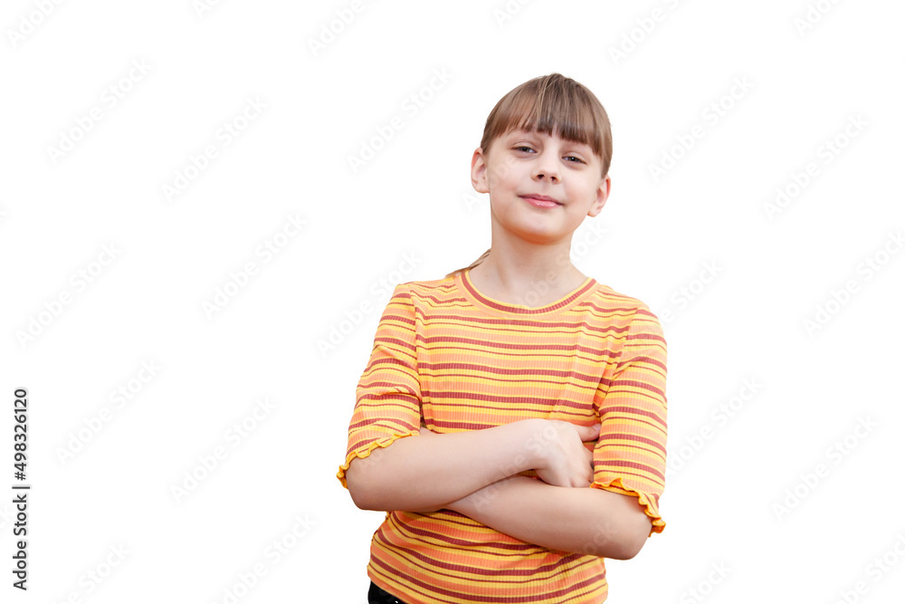 Glad little girl looking at camera and smiling. studio shot over white background Glad little girl looking at camera and smiling. studio shot over white background