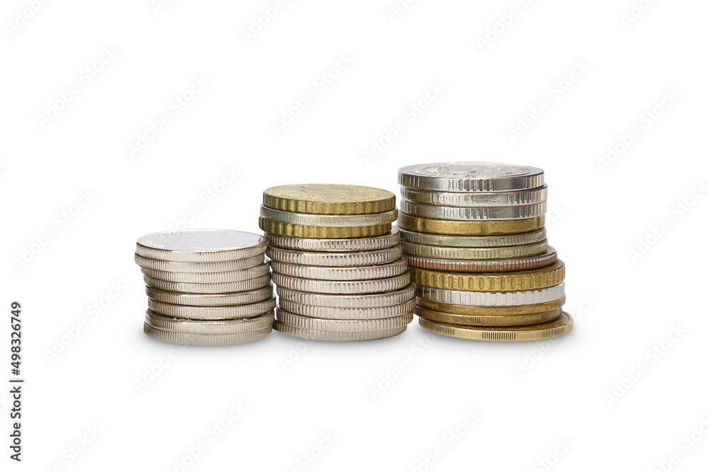 metal money isolate, three columns of coins metal money isolate, three columns of coins