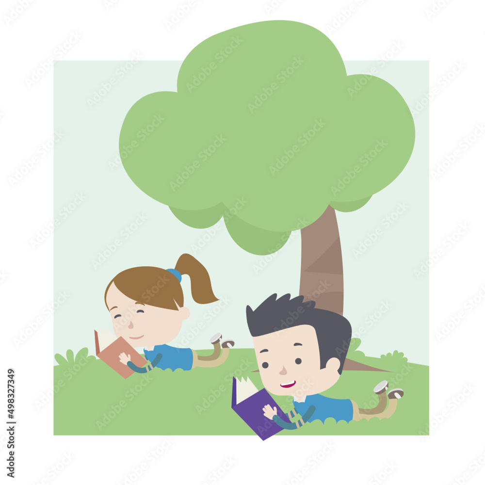 funny cartoon kids reading books laying in the ground under a tree funny cartoon kids reading books laying in the ground under a tree