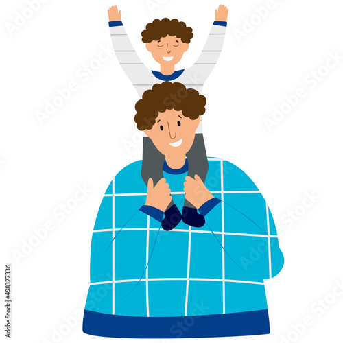 Dad carrying his son on his shoulders characters isolated on white background. Happy father day concept. Flat vector illustration