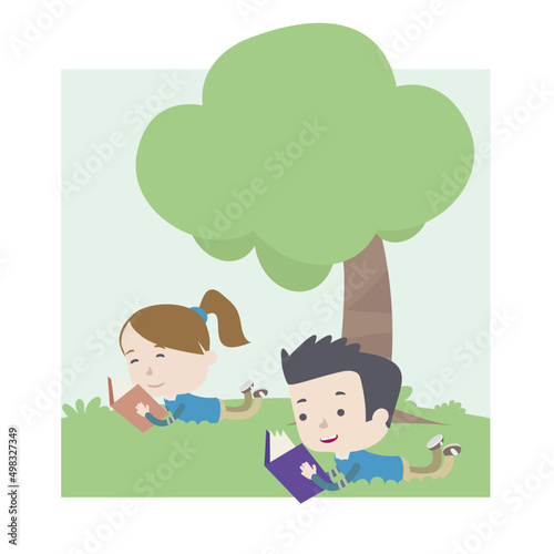 funny cartoon kids reading books laying in the ground under a tree