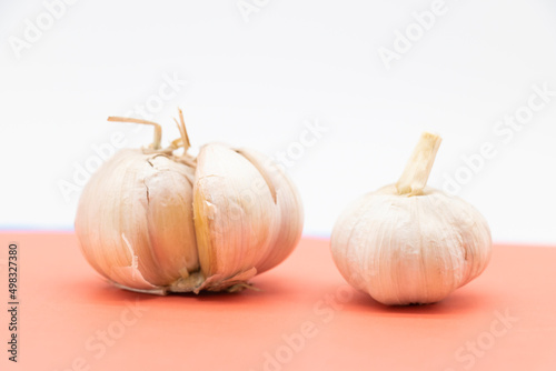two fresh garlic over on pink background