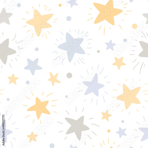 Baby nursery seamless pattern with doodle stars on white background. Perfect for fabric, textile, nursery decoration, baby shower. 