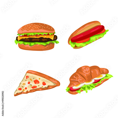 Junk fast food of burgers, sandwiches, hot dog bun and pizza isolated on white background