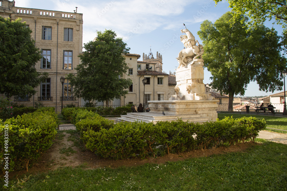 Montpellier, France: Place de la Canourgue - a charming and quiet square in the centre of the historic district with a small garden and a beautiful statue in the form of a horse.