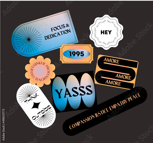 Gradient stickers with quotes. Aesthetic vintage bages