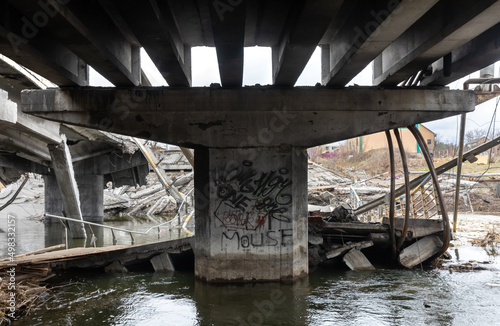 War in Ukraine. Destroyed Bridge Over The Irpin River