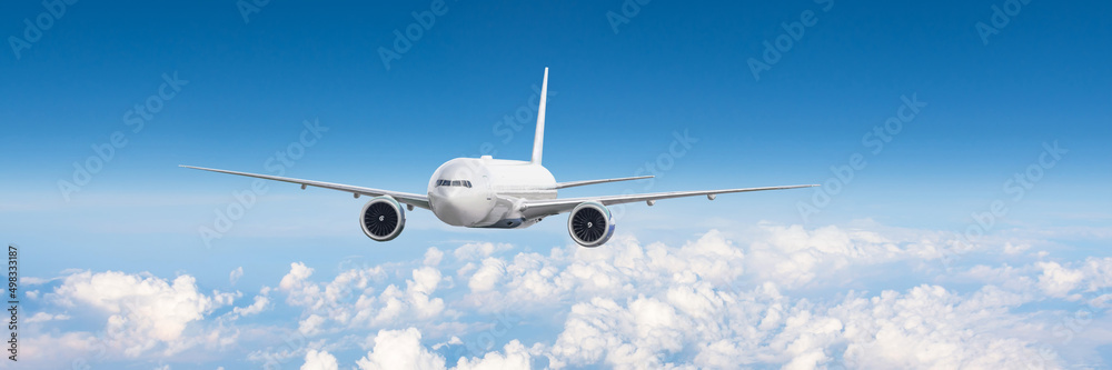 Obraz premium Panorama wide banner view of sky horizon with clouds and jet commercial long-haul liner flying.