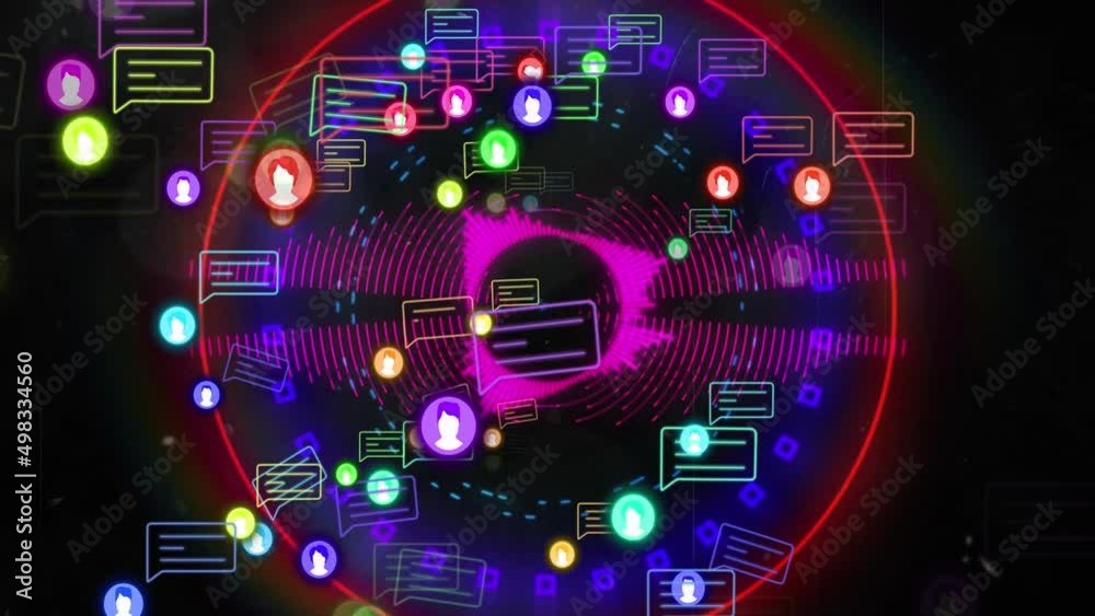 Animation of media icons and circles with shapes on black background Animation of media icons and circles with shapes on black background