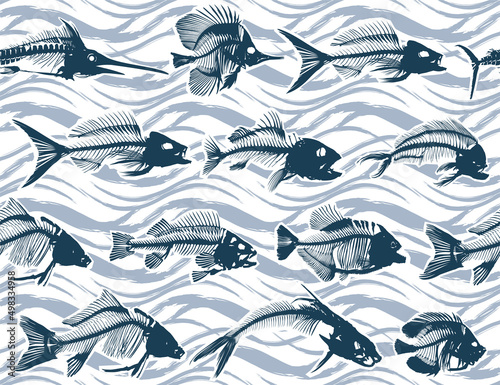 Seamless background with flock of skeleton fishes.
