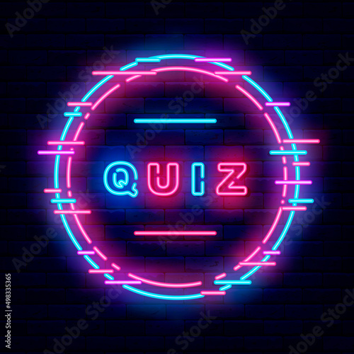 Quiz neon signboard. Glitch circle frame. Play game concept. Exam design. Glowing effect banner. Vector illustration