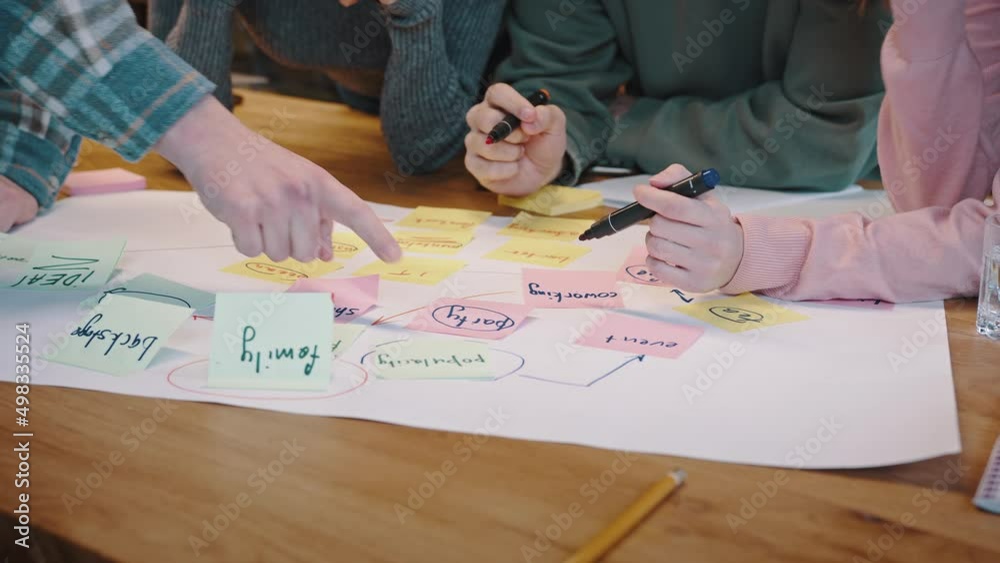 Young peolple hands holding markers creating business plan on paper Young peolple hands holding markers creating business plan on paper