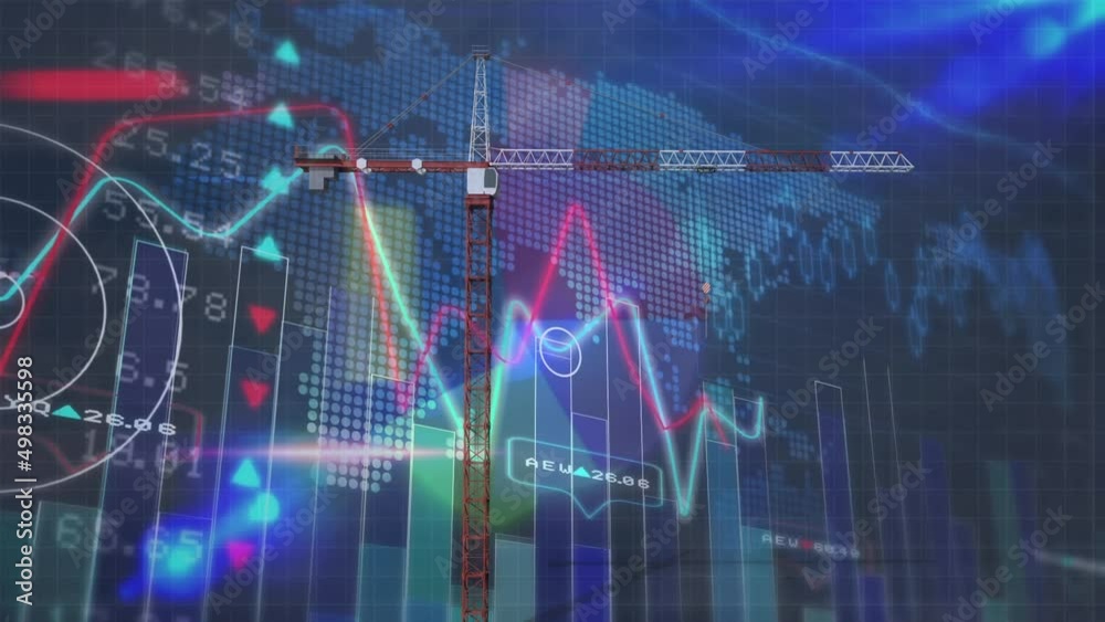 Animation of financial data processing over crane Animation of financial data processing over crane
