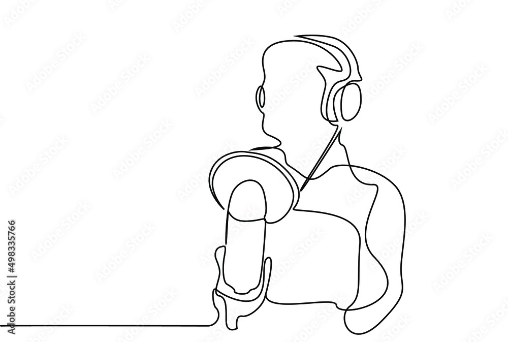 a person with headphones speaks into a microphone. one person takes podcasts and audio recordings