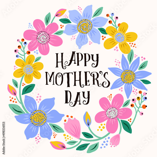 Happy Mother's Day text on a floral background. Happy Mother's Day design for greeting cards and surface design. Vector template with cute flowers. 