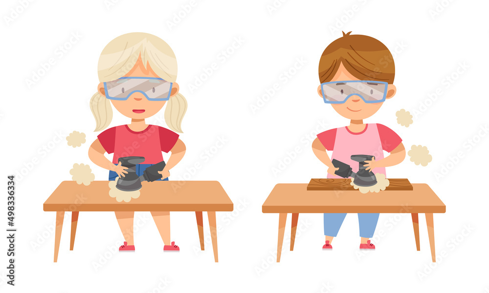 Cute boys doing carpentry work. Kids working with plane at craft lesson cartoon vector illustration